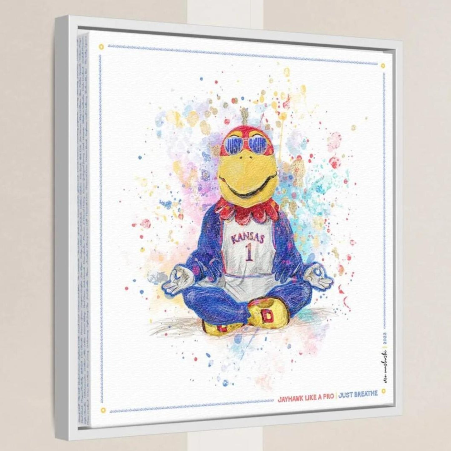 A colorful illustration of a bird mascot wearing a Kansas City Royals jersey and sunglasses, sitting in a meditative pose with its hands in a "V" shape.
