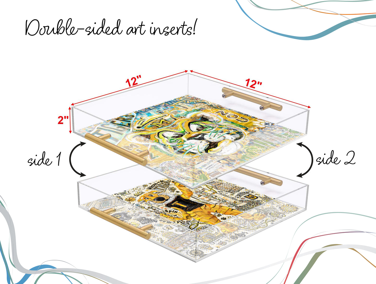Missouri Clear Acrylic Tray | Brushed Gold Handles | Double-Sided Art Print