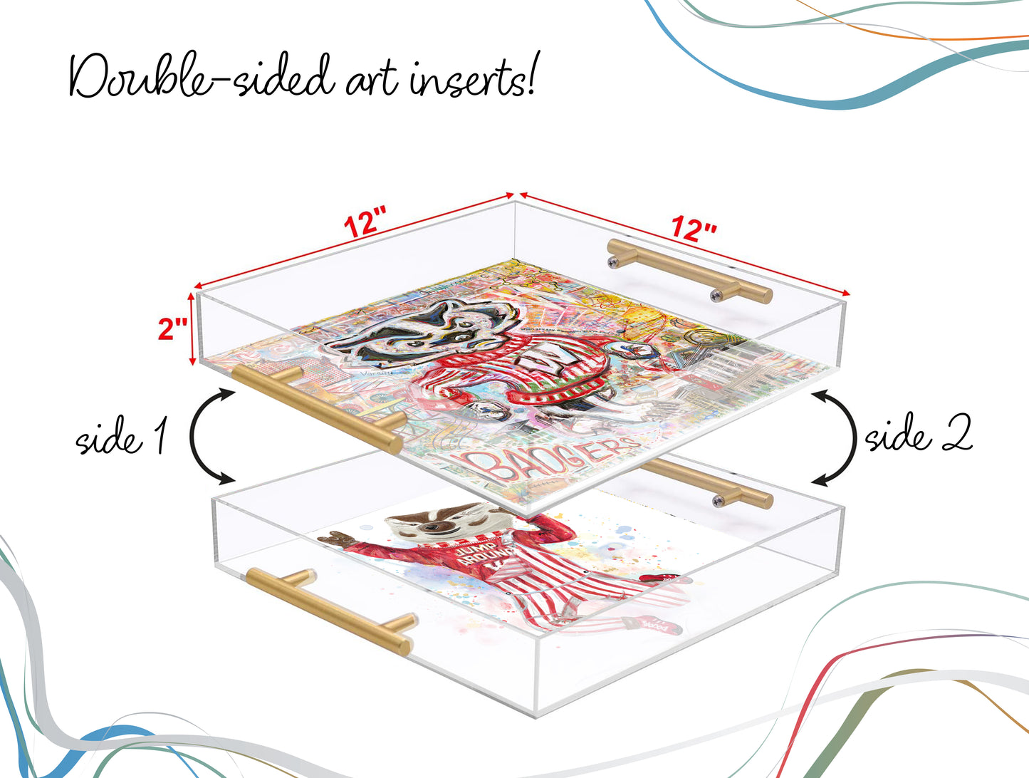 Wisconsin Badgers Acrylic Tray | Brushed Gold Handles | Double-Sided Art Print