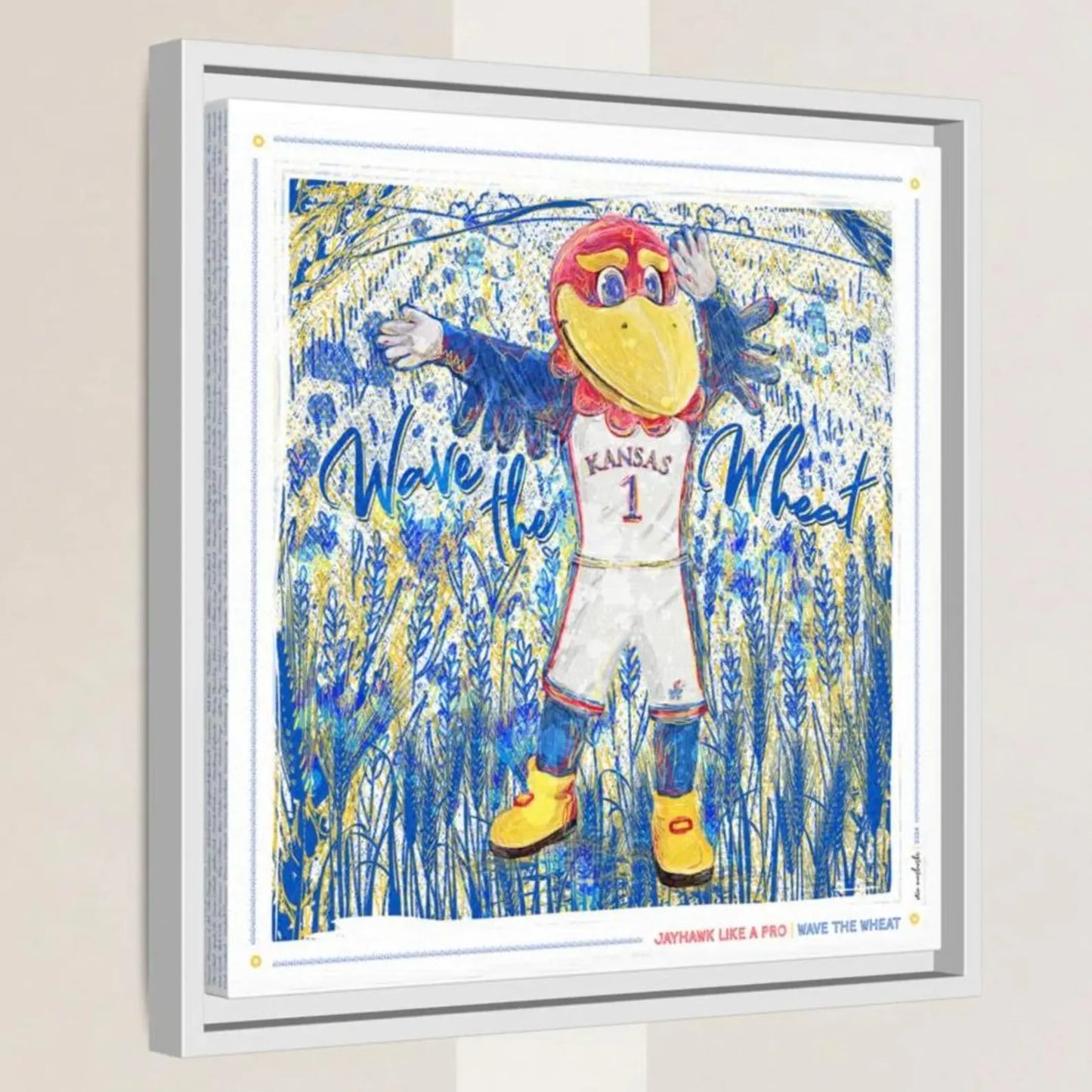 a colorful illustration of a mascot character, likely representing a sports team or organization, with a background of wheat fields.