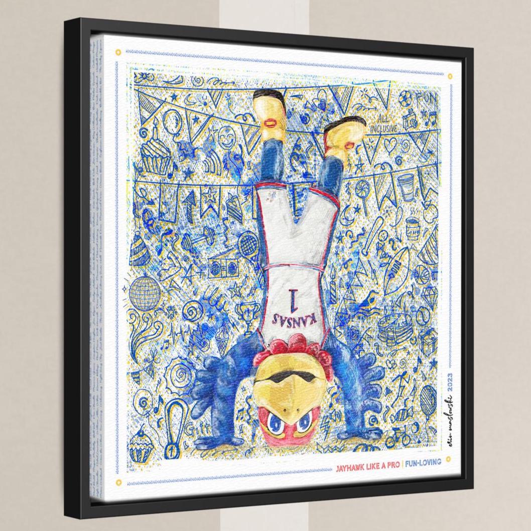 A framed illustration of a cartoon character, likely a mascot or mascot for a sports team, performing a handstand against a background with various doodles and illustrations.