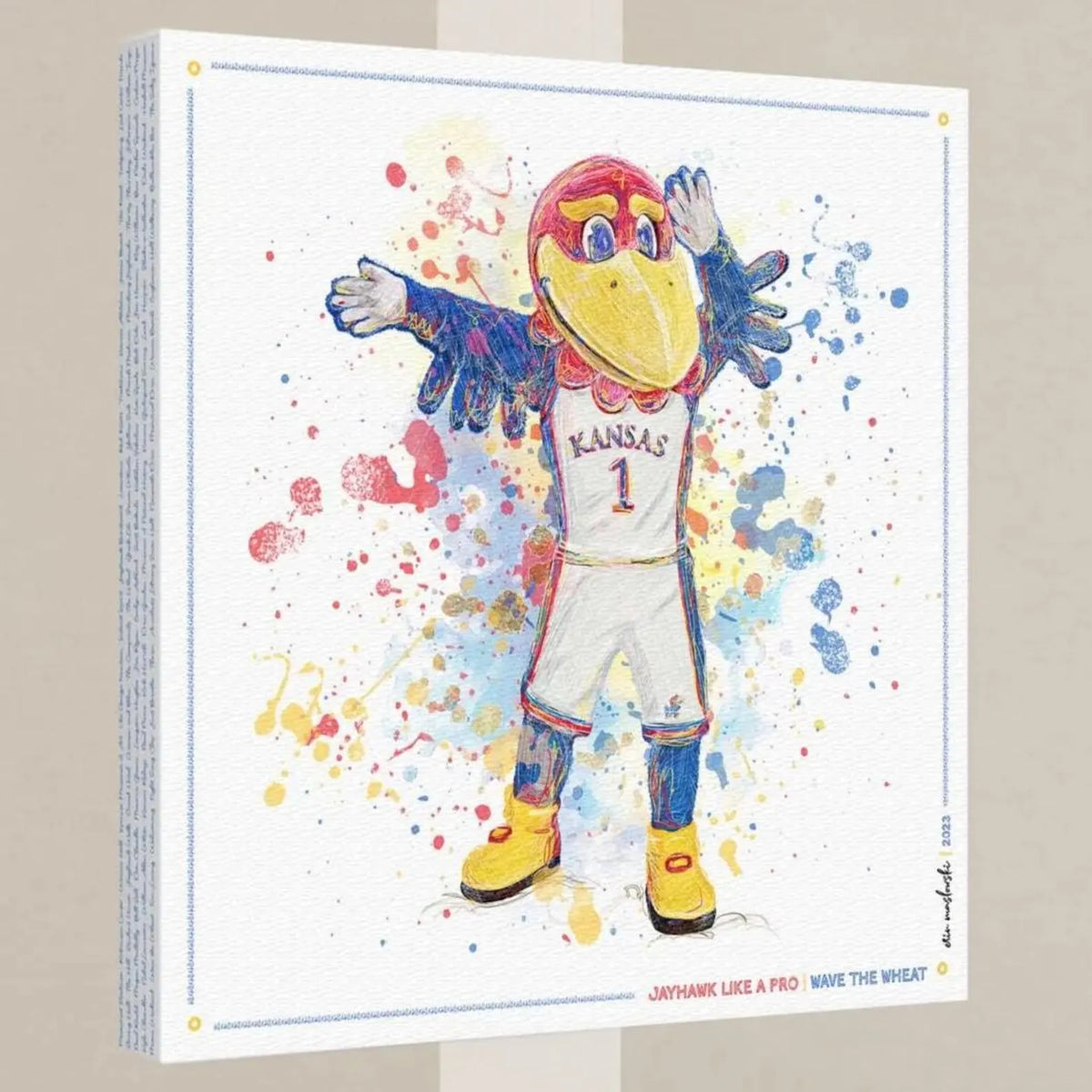 A colorful illustration of a mascot character, likely representing a sports team, with a bird-like appearance and a dynamic pose.
