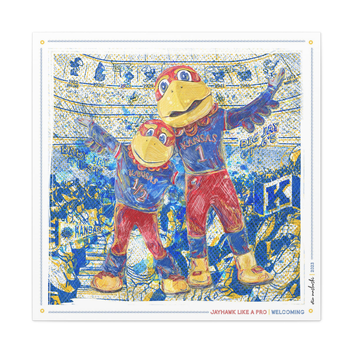 KU Jayhawk Welcoming Art: University of Kansas Big Jay and Baby Jay Sketches Canvas Print