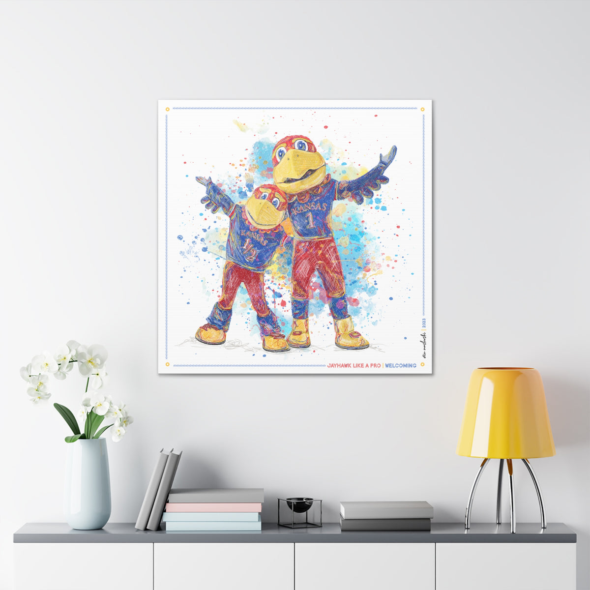 KU Jayhawk Welcoming Art: University of Kansas Big Jay and Baby Jay Splatter Canvas Print