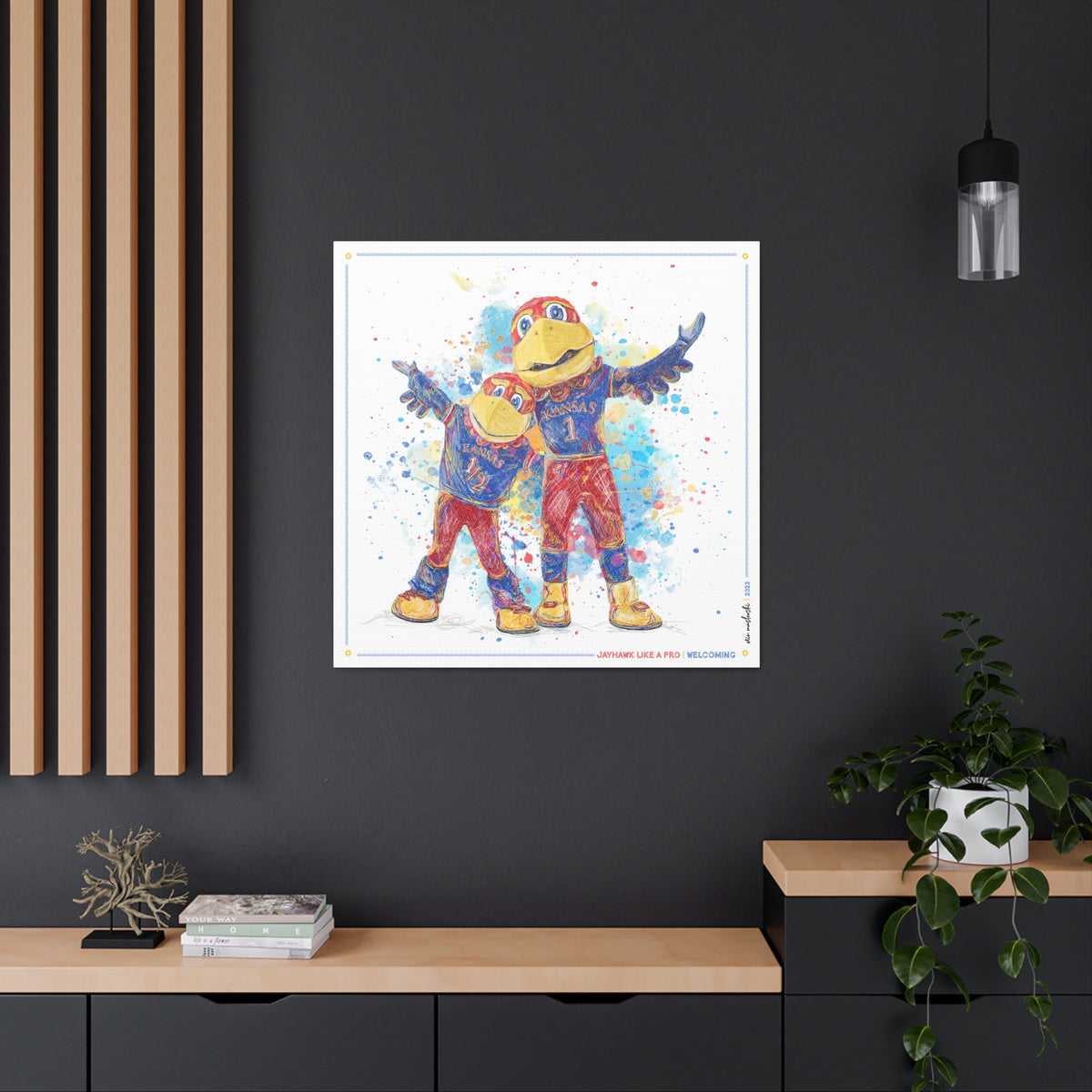 KU Jayhawk Welcoming Art: University of Kansas Big Jay and Baby Jay Splatter Canvas Print