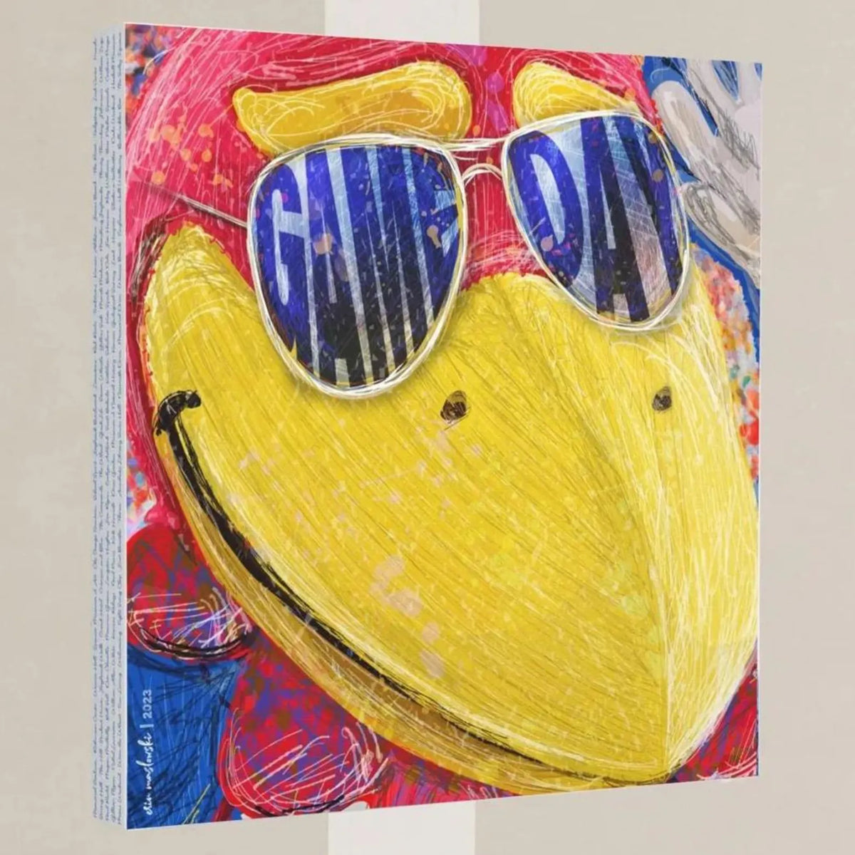 The image is a vibrant and colorful painting featuring a large yellow bird wearing sunglasses with the word "GAME DAY" written on them.