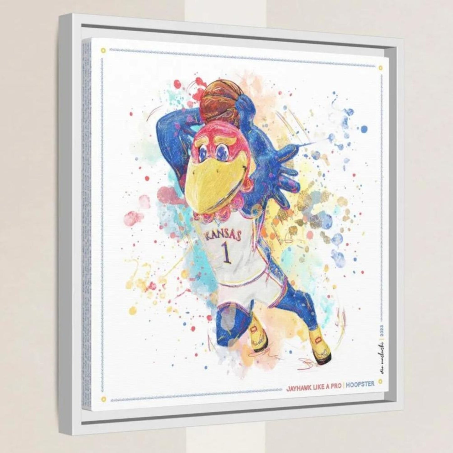 A colorful and dynamic illustration of a basketball player wearing a Kansas jersey, with a bird-like appearance and dynamic pose.