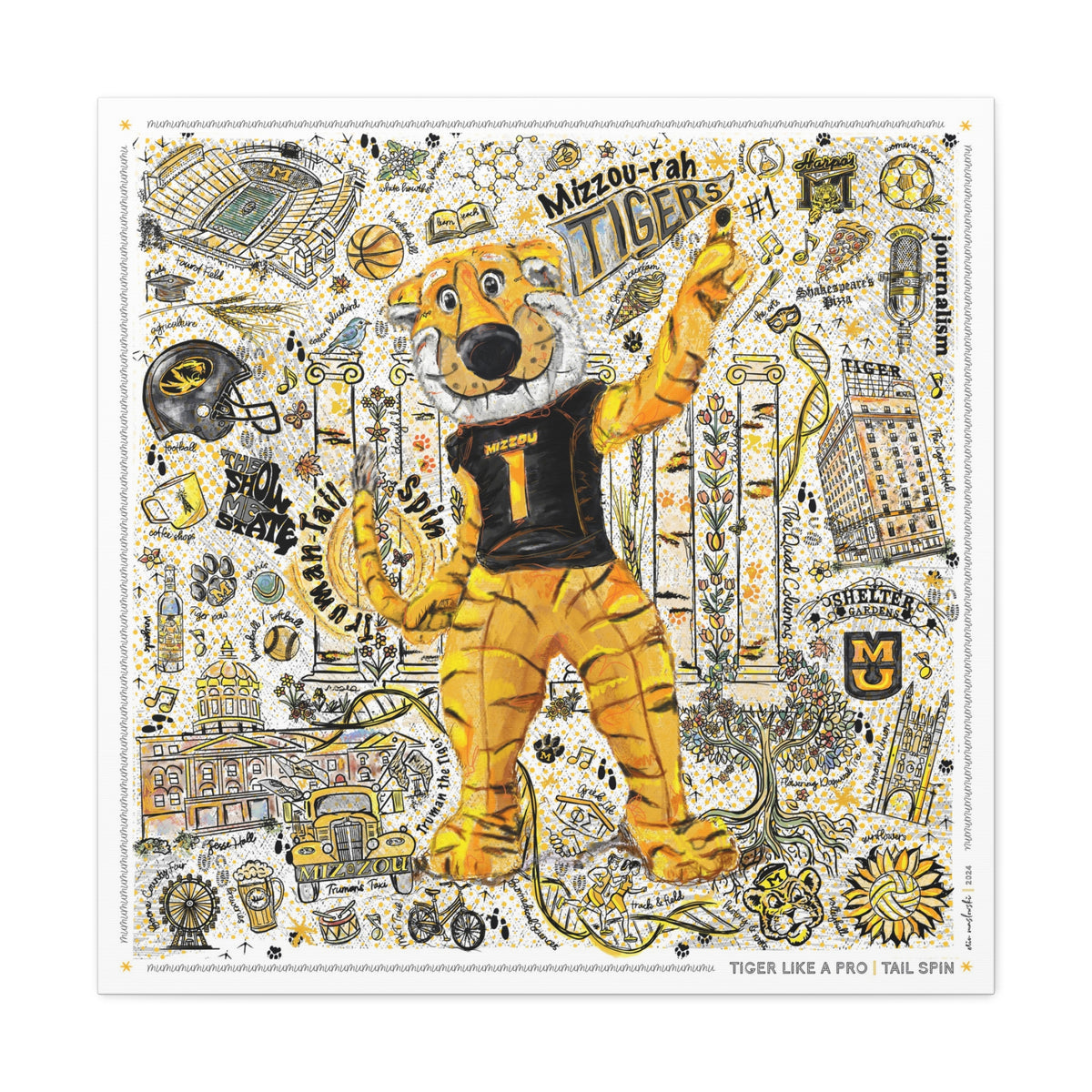 MU Mizzou Truman Tiger Tail Spin Line Art: University of Missouri Canvas Print