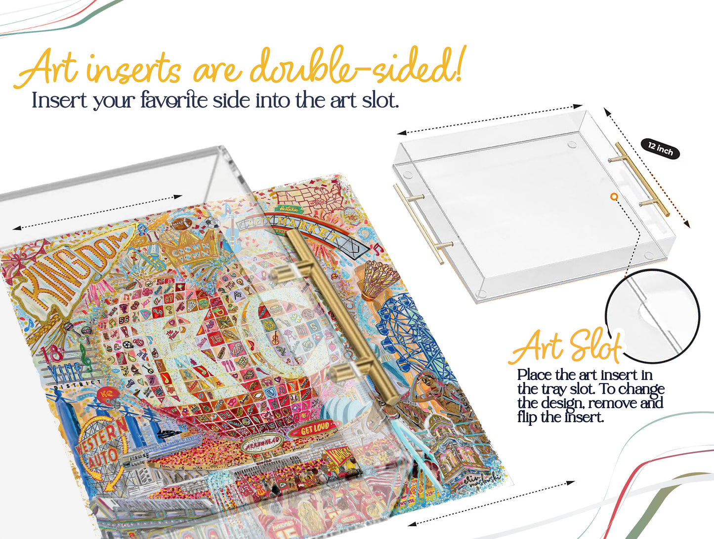 Heart of Kansas City Acrylic Tray | Brushed Gold Handles | Double-Sided Art Print