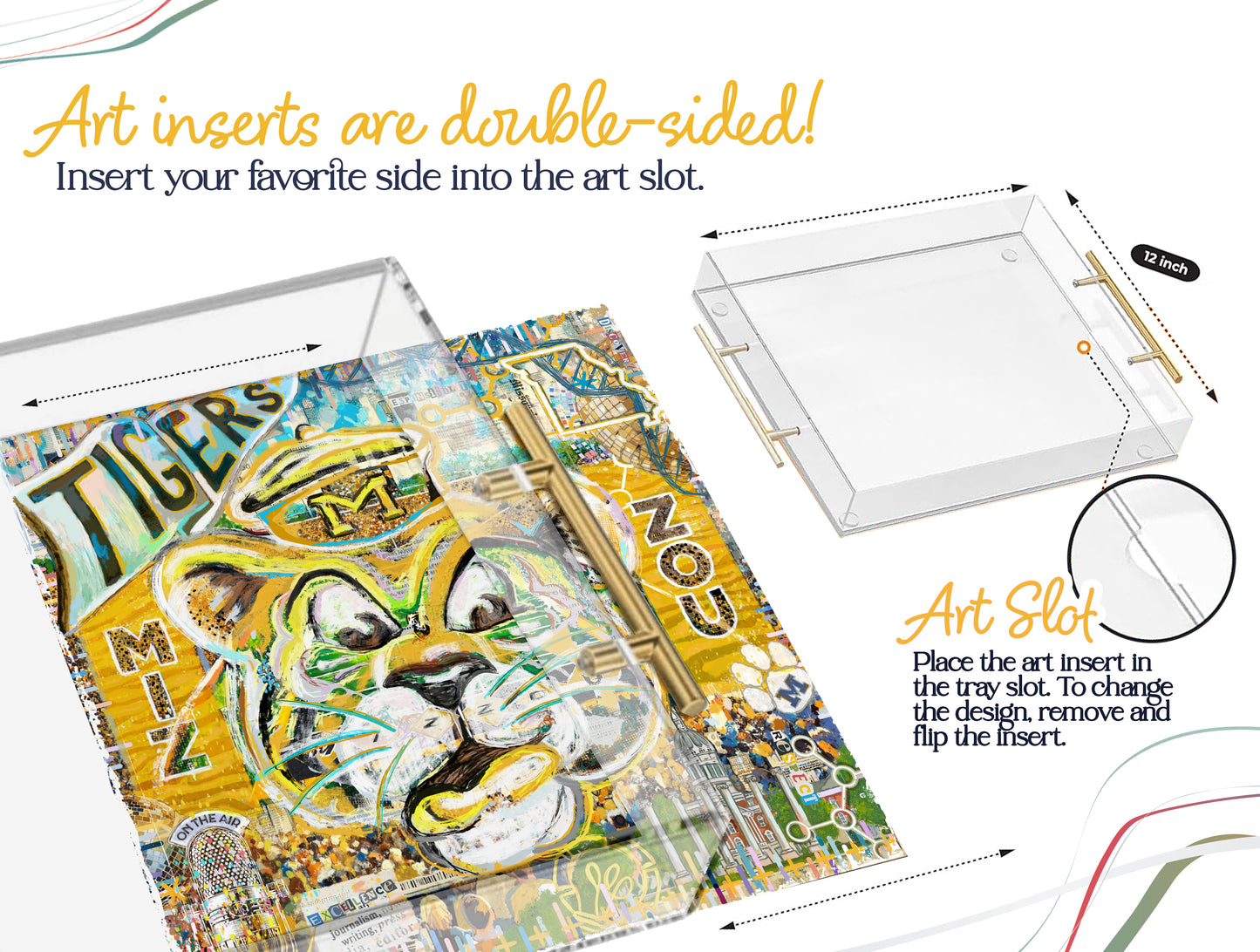 Missouri Clear Acrylic Tray | Brushed Gold Handles | Double-Sided Art Print