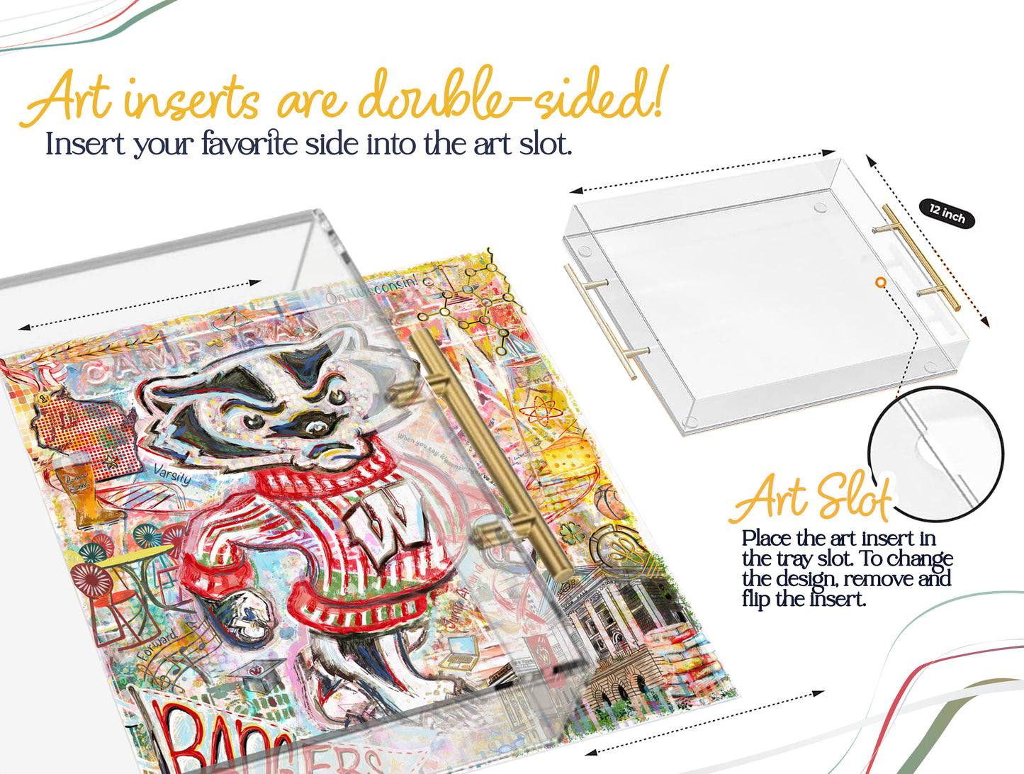 Wisconsin Badgers Acrylic Tray | Brushed Gold Handles | Double-Sided Art Print