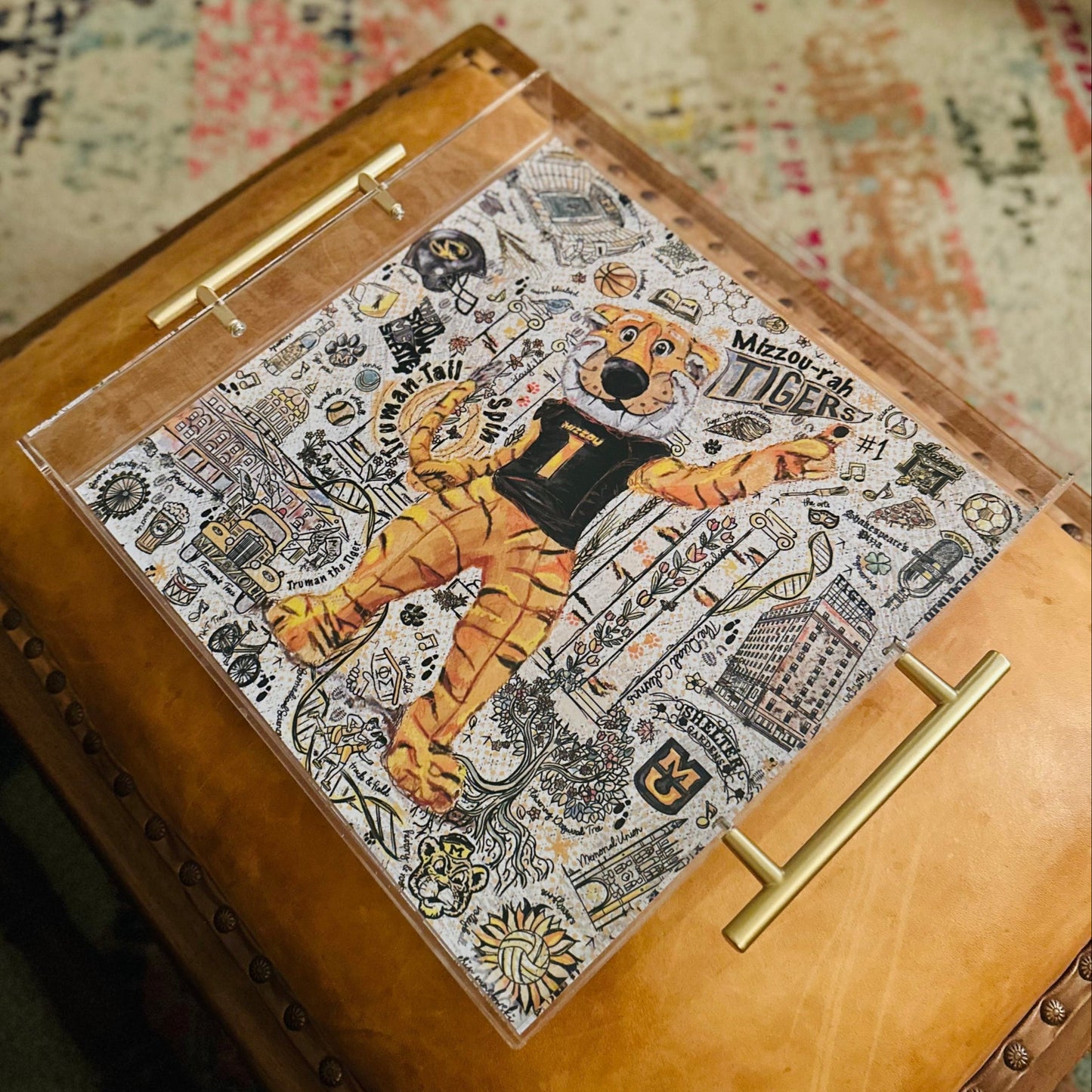 Missouri Clear Acrylic Tray | Brushed Gold Handles | Double-Sided Art Print