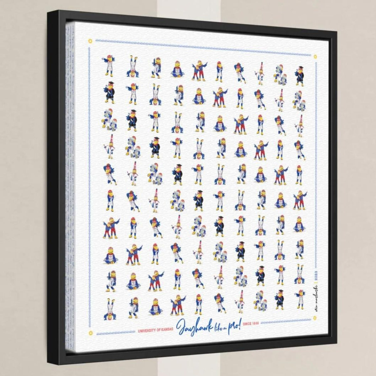 The image is a framed collage of various cartoon-style illustrations of people in different poses and outfits, arranged in a grid pattern.