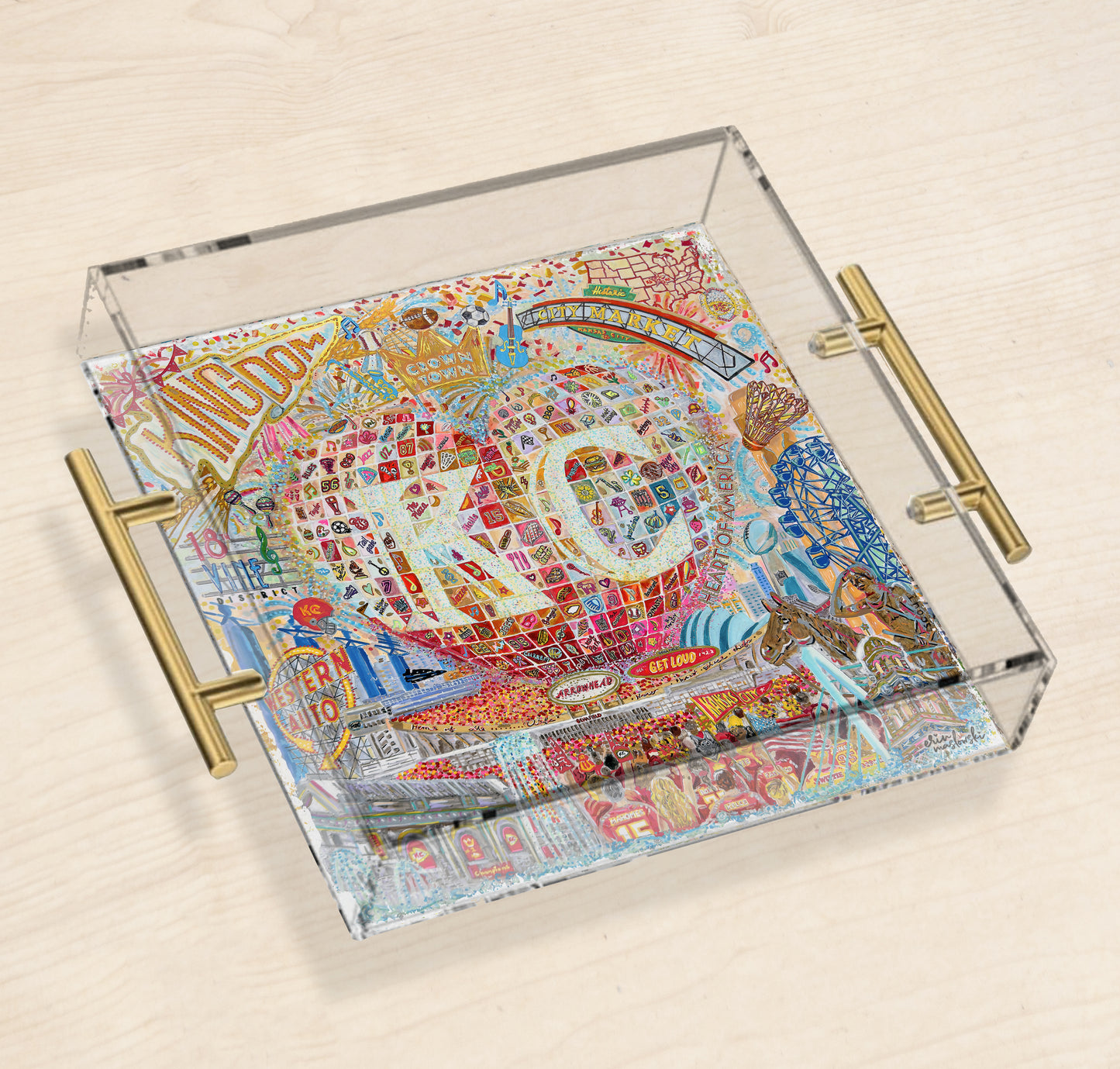 Heart of Kansas City Acrylic Tray | Brushed Gold Handles | Double-Sided Art Print