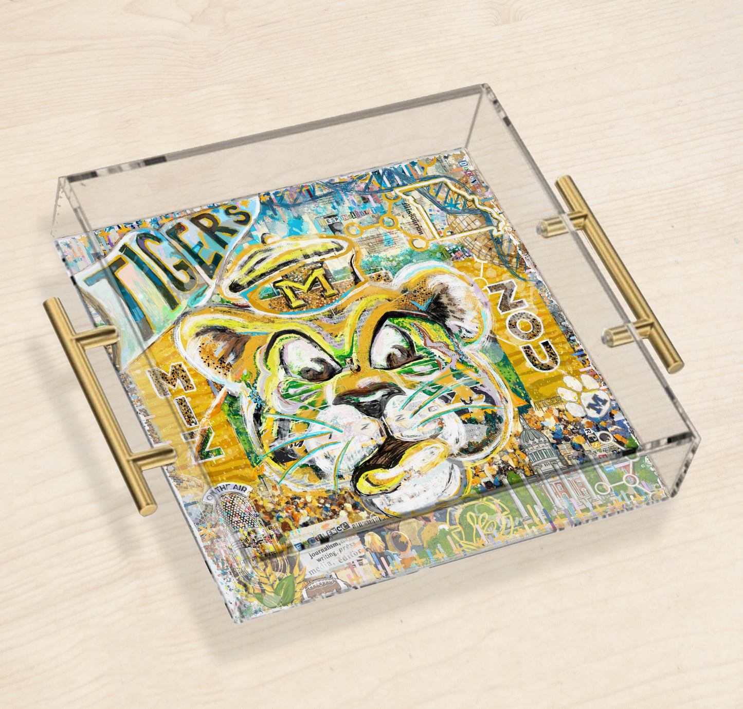 Missouri Clear Acrylic Tray | Brushed Gold Handles | Double-Sided Art Print