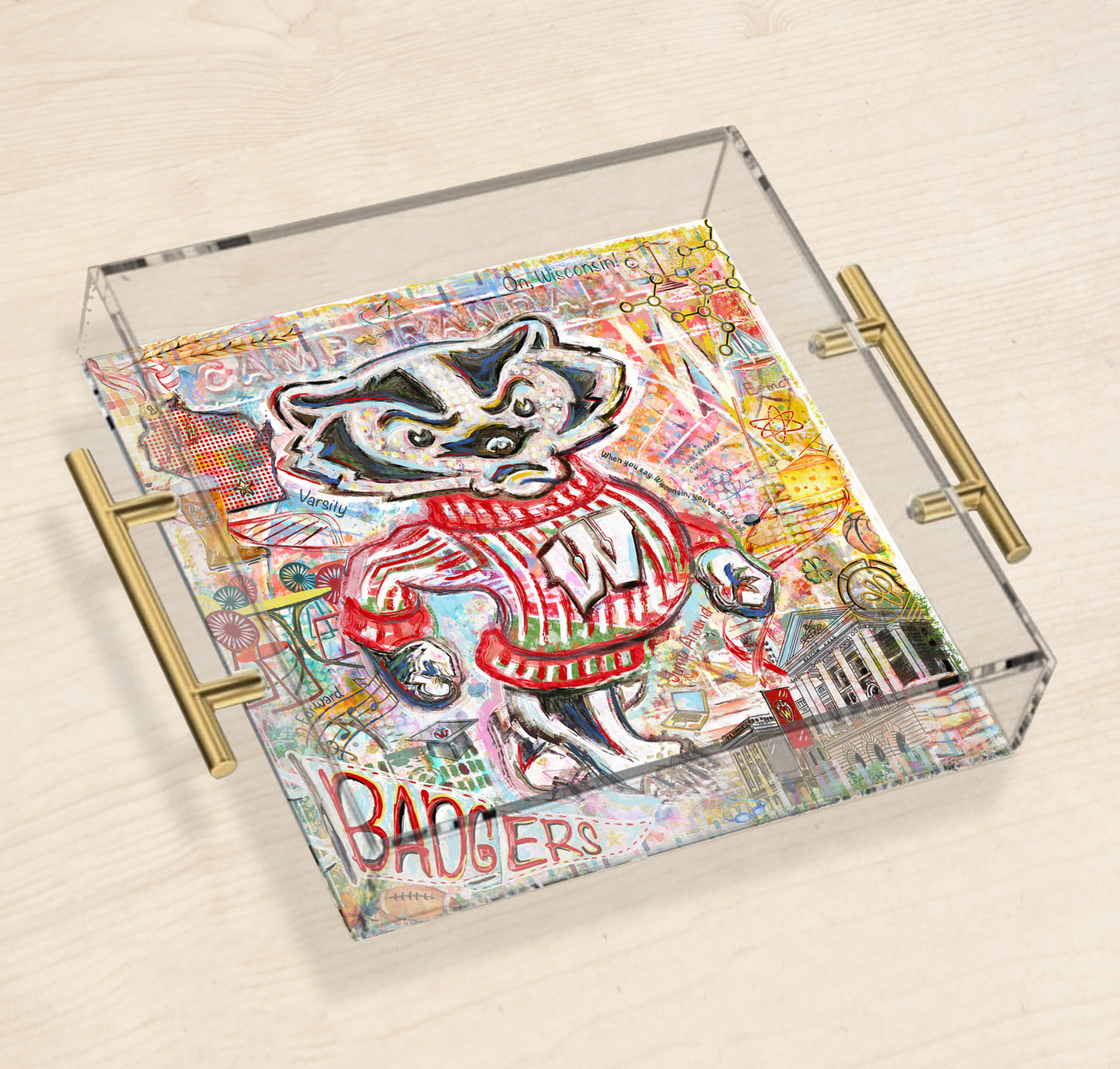 Wisconsin Badgers Acrylic Tray | Brushed Gold Handles | Double-Sided Art Print