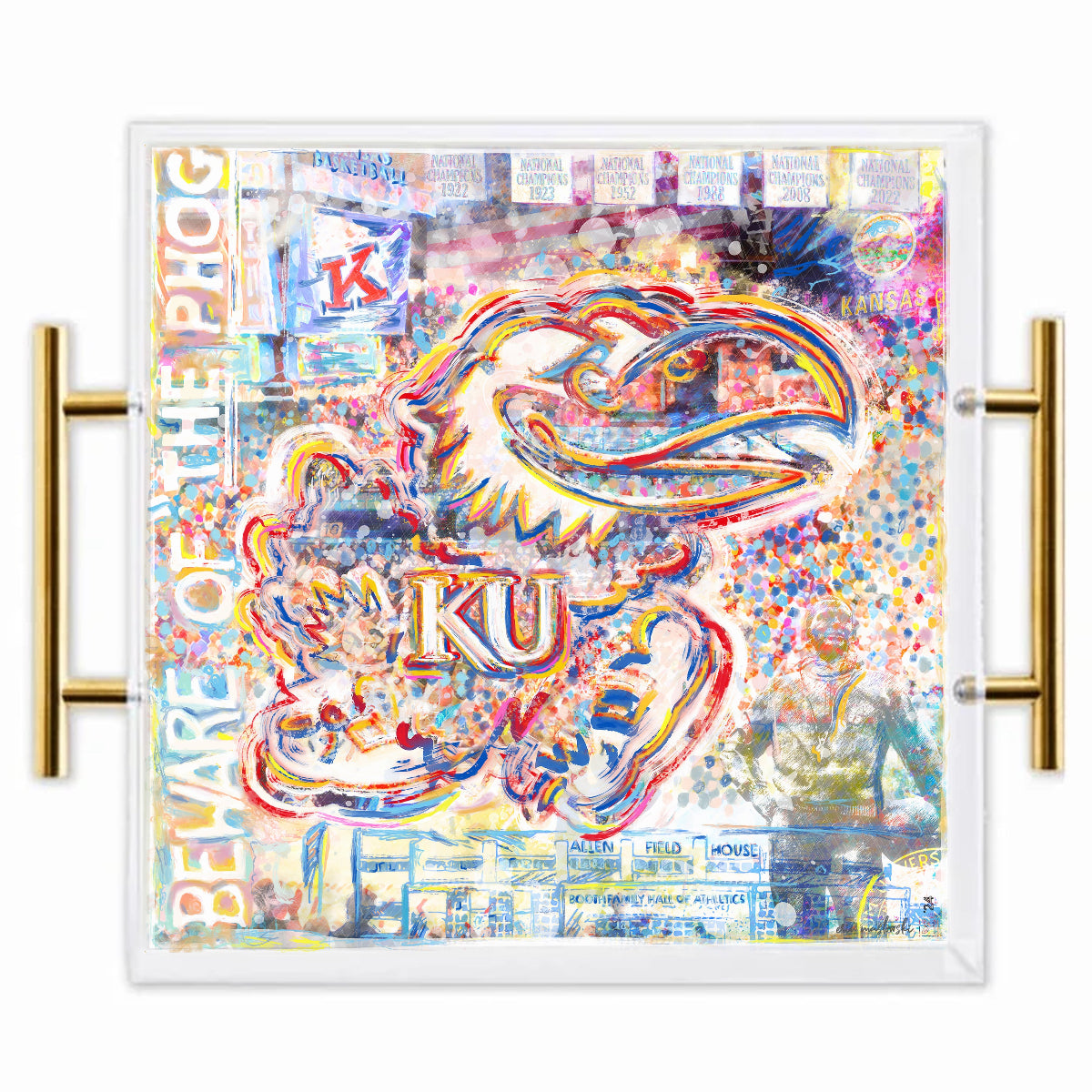 Kansas Jayhawk Acrylic Tray | Brushed Gold Handles | Double-Sided Art Print