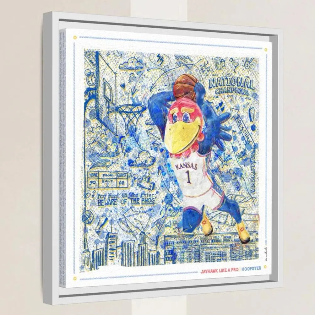 The image is a framed artwork depicting a colorful bird character wearing a Kansas University basketball jersey, jumping in the air with a basketball.