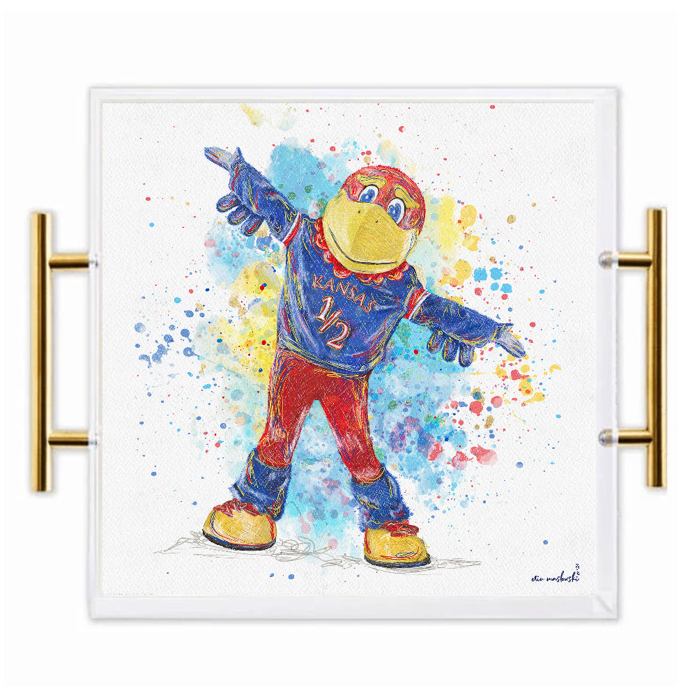 Kansas Jayhawk Acrylic Tray | Brushed Gold Handles | Double-Sided Art Print
