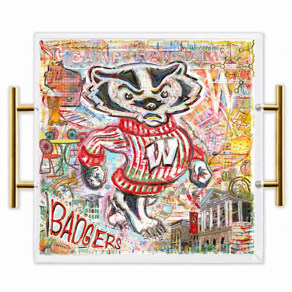Wisconsin Badgers Acrylic Tray | Brushed Gold Handles | Double-Sided Art Print