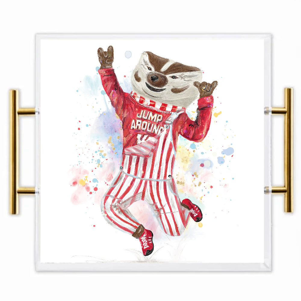Wisconsin Badgers Acrylic Tray | Brushed Gold Handles | Double-Sided Art Print
