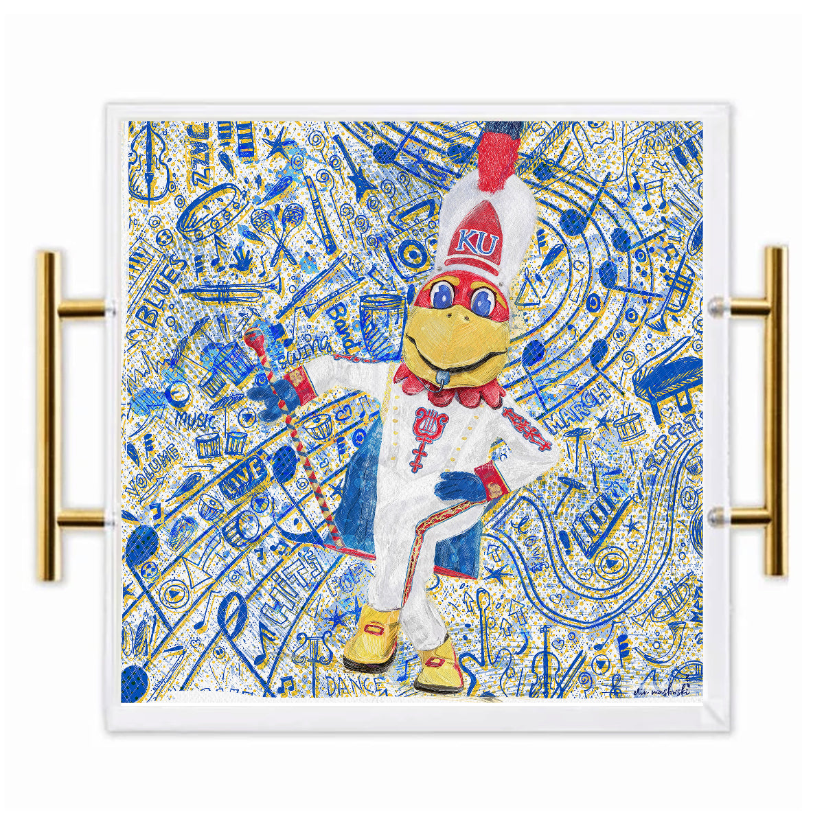 Kansas Jayhawk Acrylic Tray | Brushed Gold Handles | Double-Sided Art Print