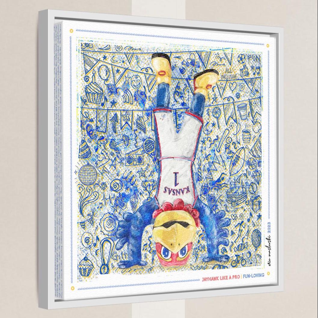 The image is a framed artwork depicting a cartoon character, likely a mascot or symbol, with a playful and whimsical appearance.