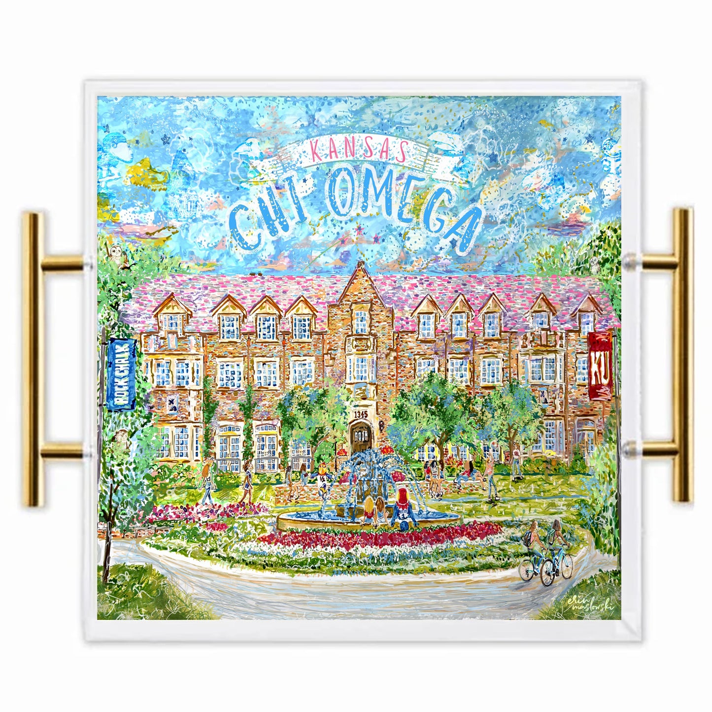 Kansas Jayhawk Acrylic Tray | Brushed Gold Handles | Double-Sided Art Print