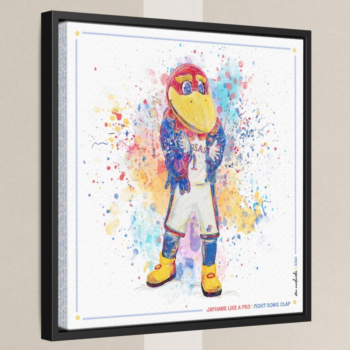 A colorful and vibrant illustration of a bird mascot, likely representing a sports team or organization, with a dynamic pose and expressive facial features.