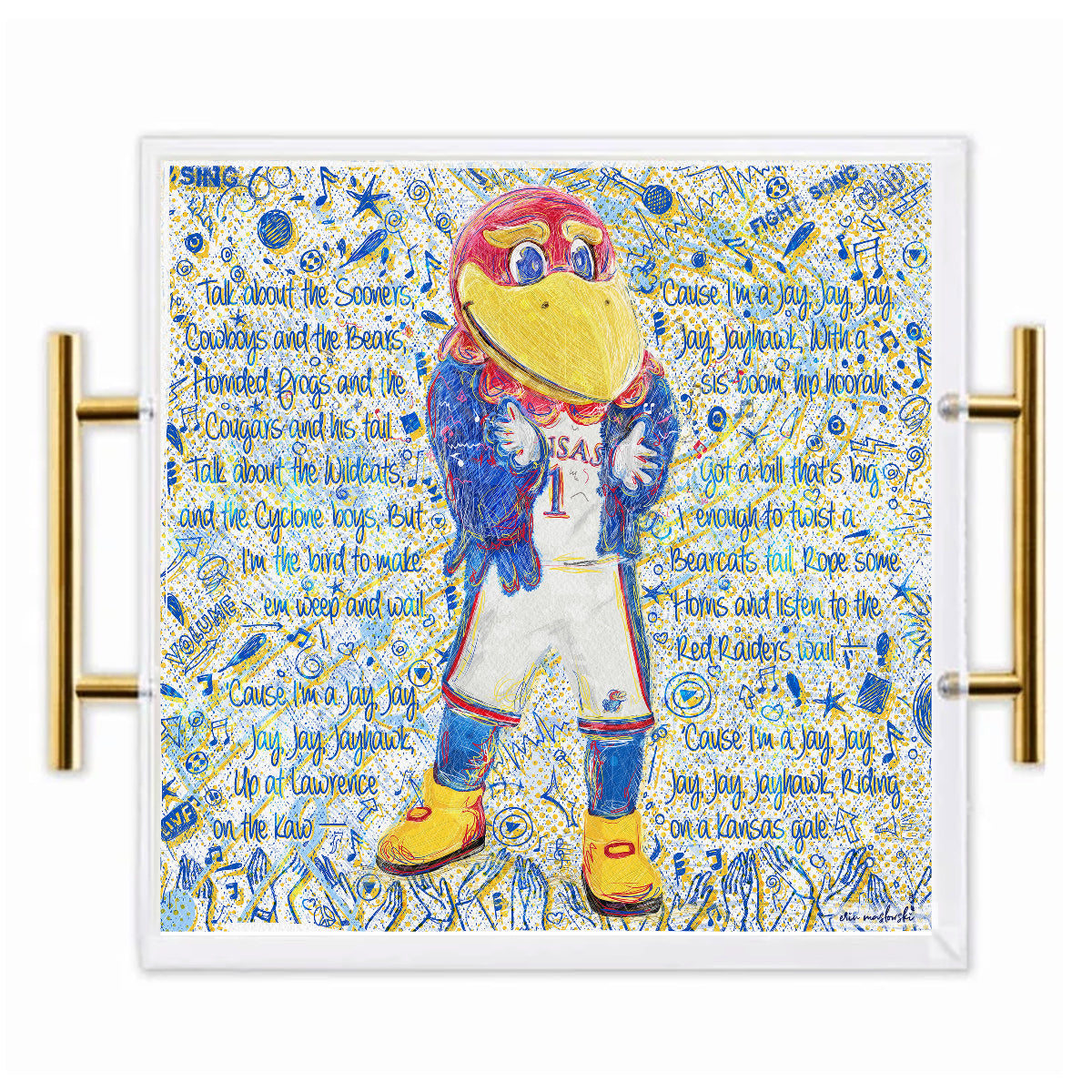 Kansas Jayhawk Acrylic Tray | Brushed Gold Handles | Double-Sided Art Print