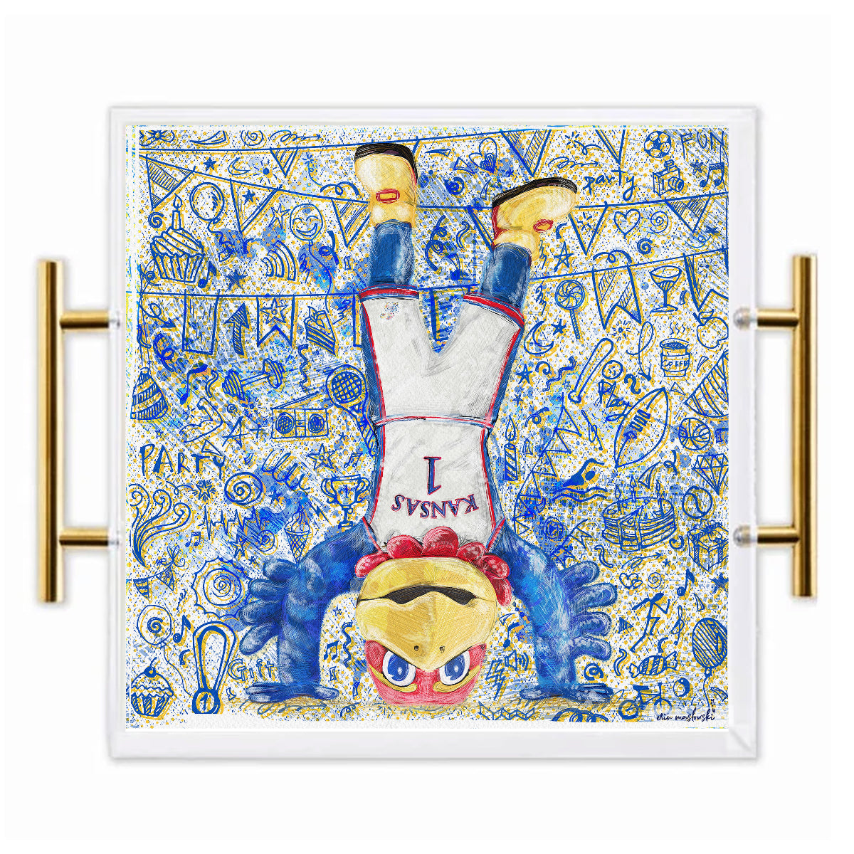 Kansas Jayhawk Acrylic Tray | Brushed Gold Handles | Double-Sided Art Print