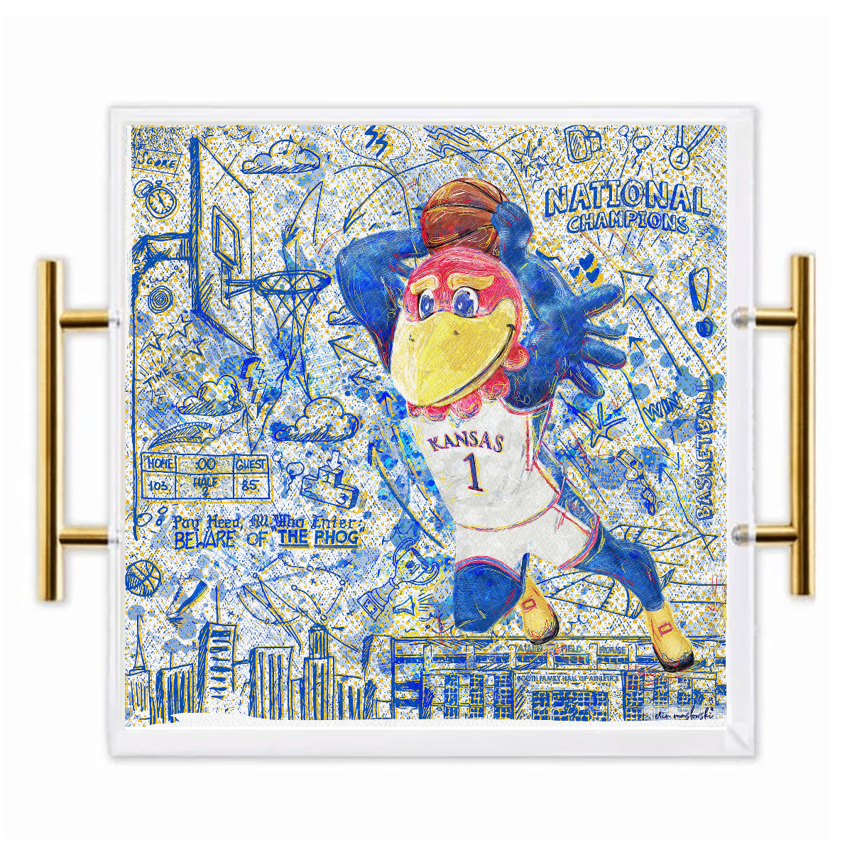 Kansas Jayhawk Acrylic Tray | Brushed Gold Handles | Double-Sided Art Print