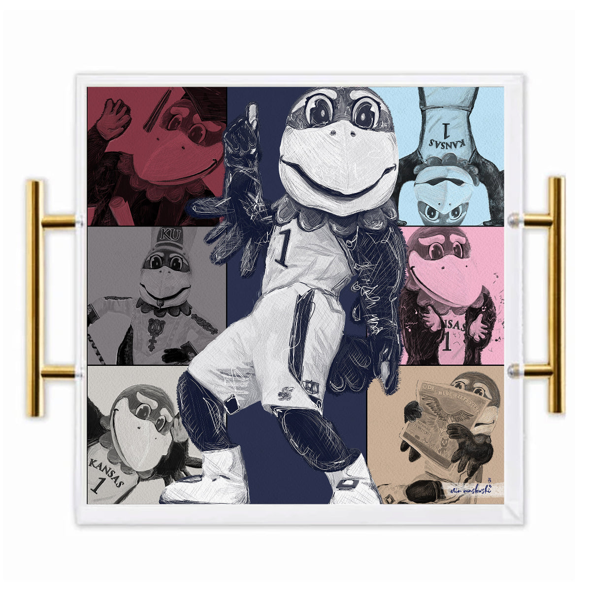 Kansas Jayhawk Acrylic Tray | Brushed Gold Handles | Double-Sided Art Print