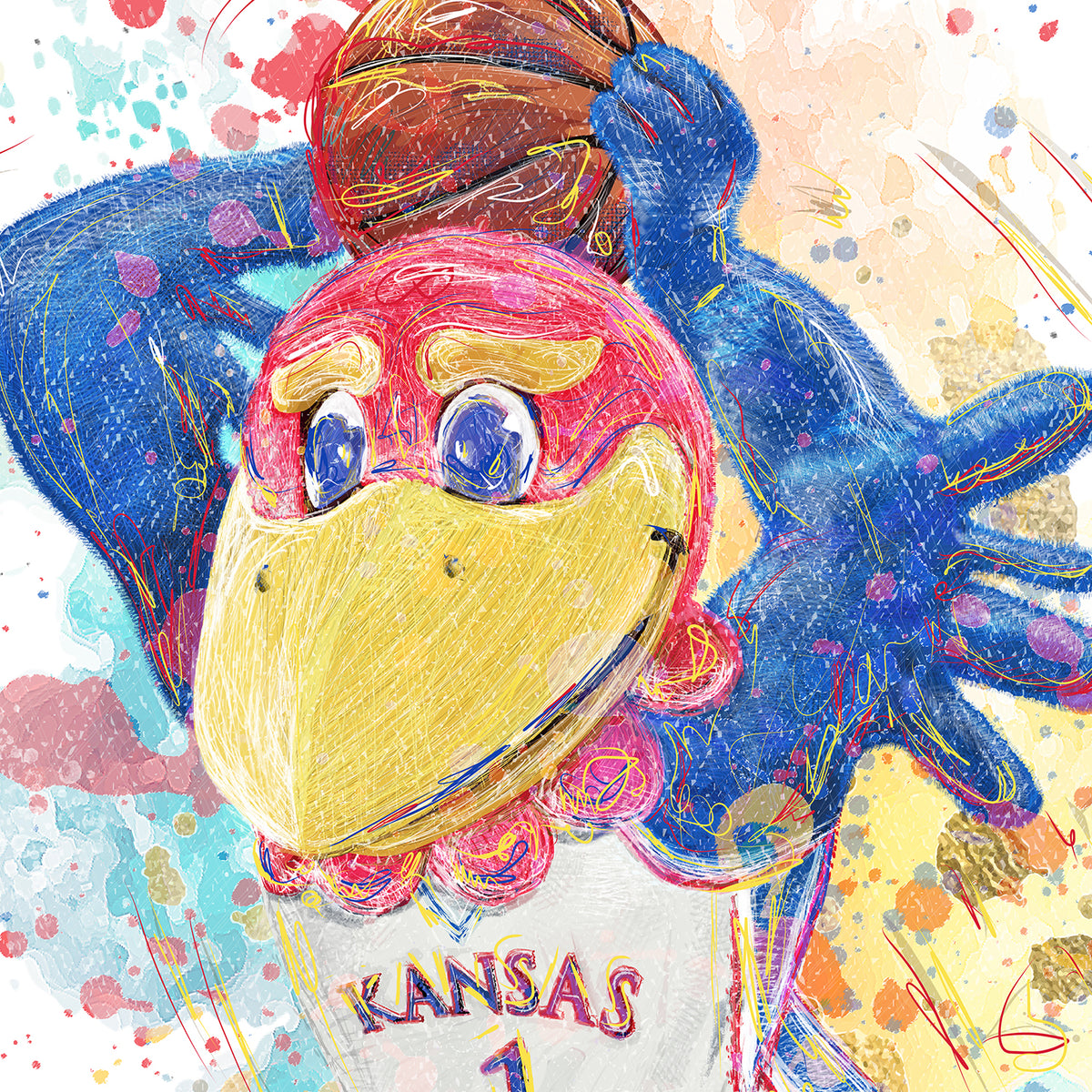 KU Jayhawk Hoopster Art: University of Kansas Basketball Splatter Paint Canvas Print