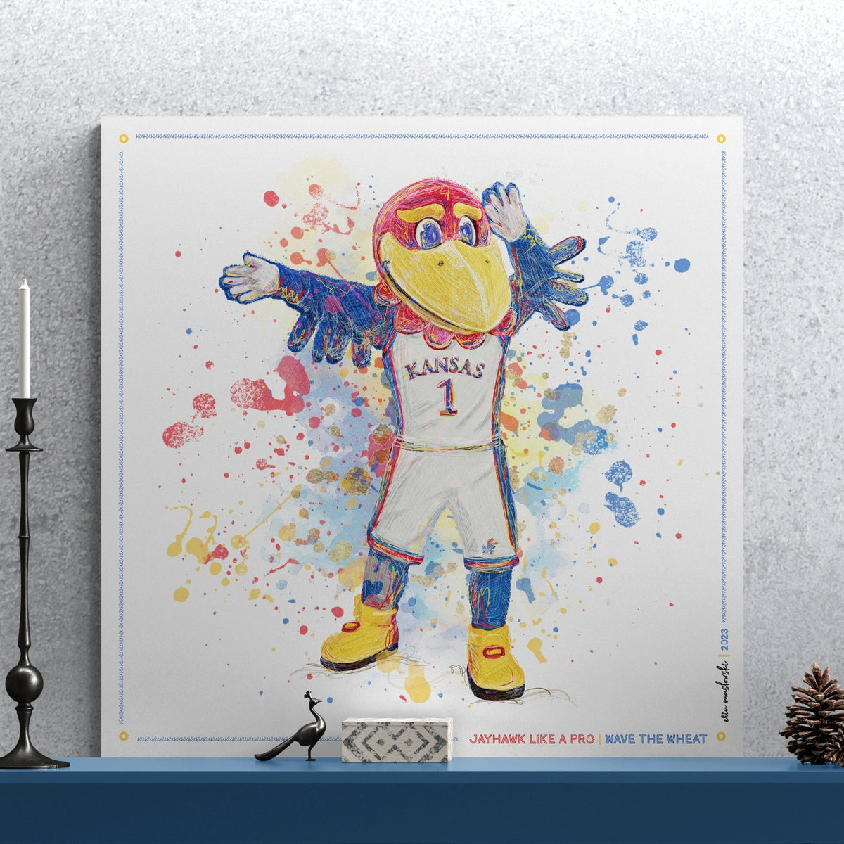 KU Jayhawk Wave the Wheat Art: University of Kansas Splatter Paint Canvas Print
