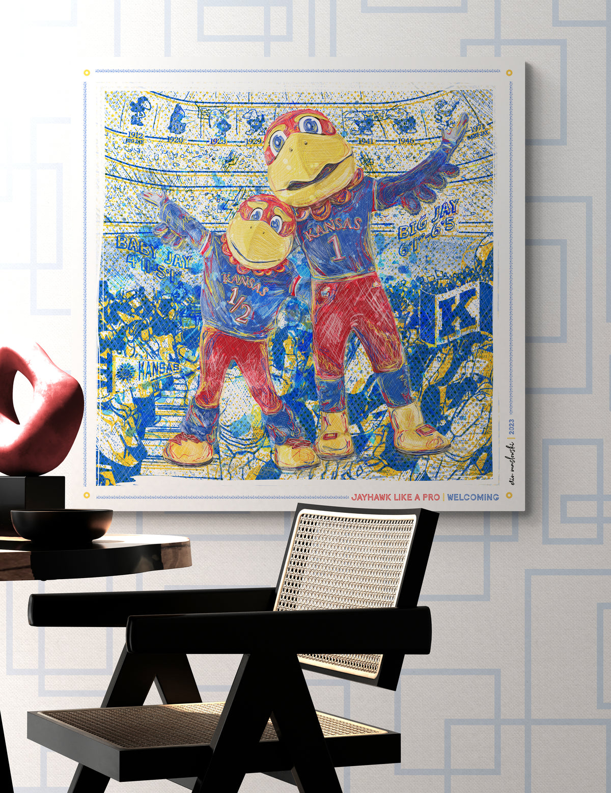 KU Jayhawk Welcoming Art: University of Kansas Big Jay and Baby Jay Sketches Canvas Print