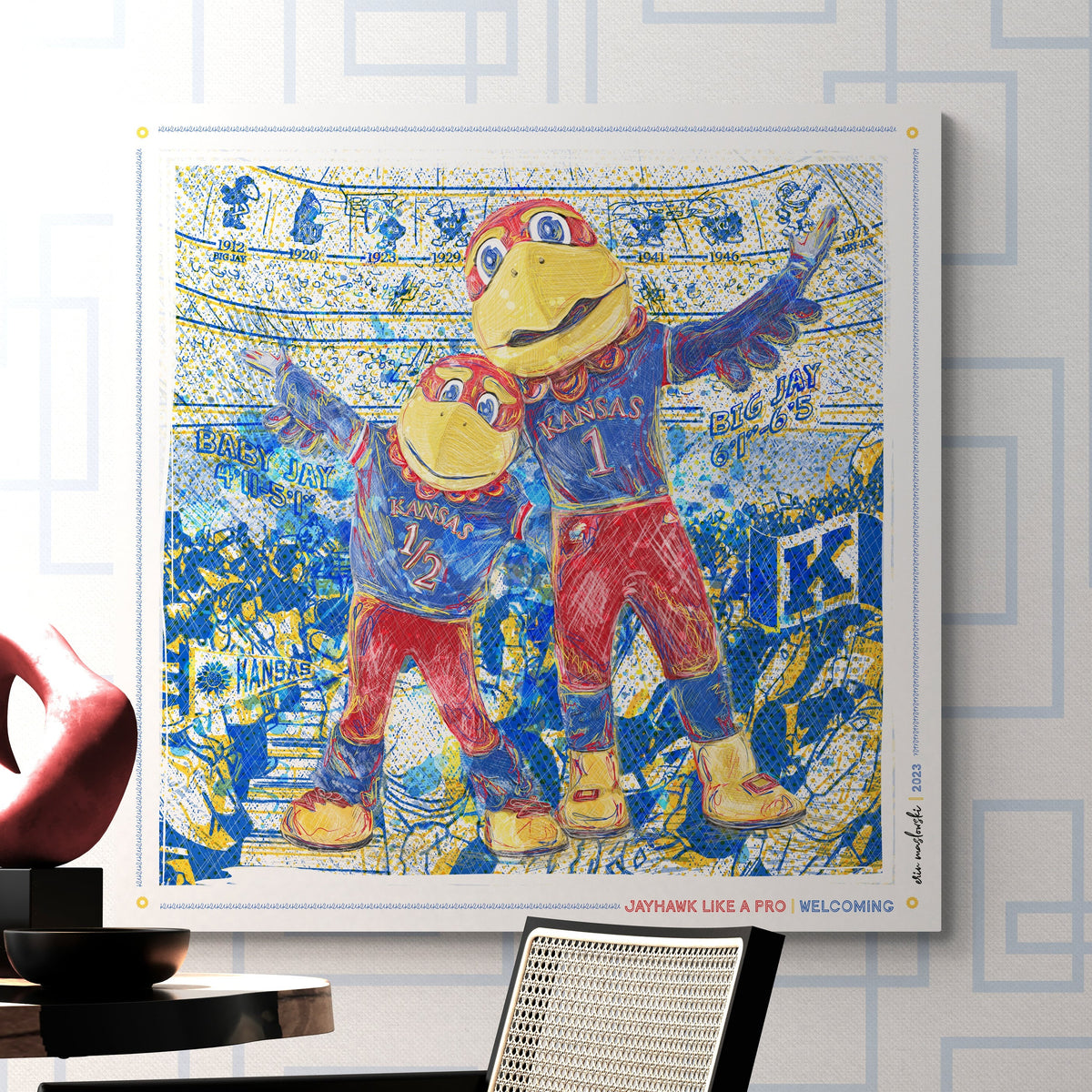 KU Jayhawk Welcoming Art: University of Kansas Big Jay and Baby Jay Sketches Canvas Print