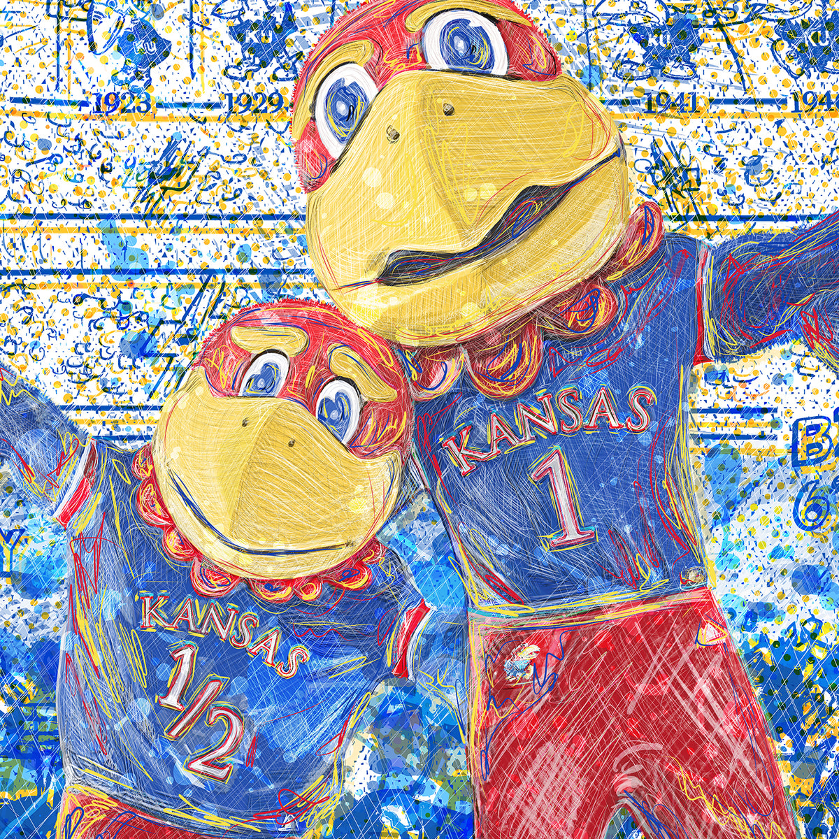 KU Jayhawk Welcoming Art: University of Kansas Big Jay and Baby Jay Sketches Canvas Print