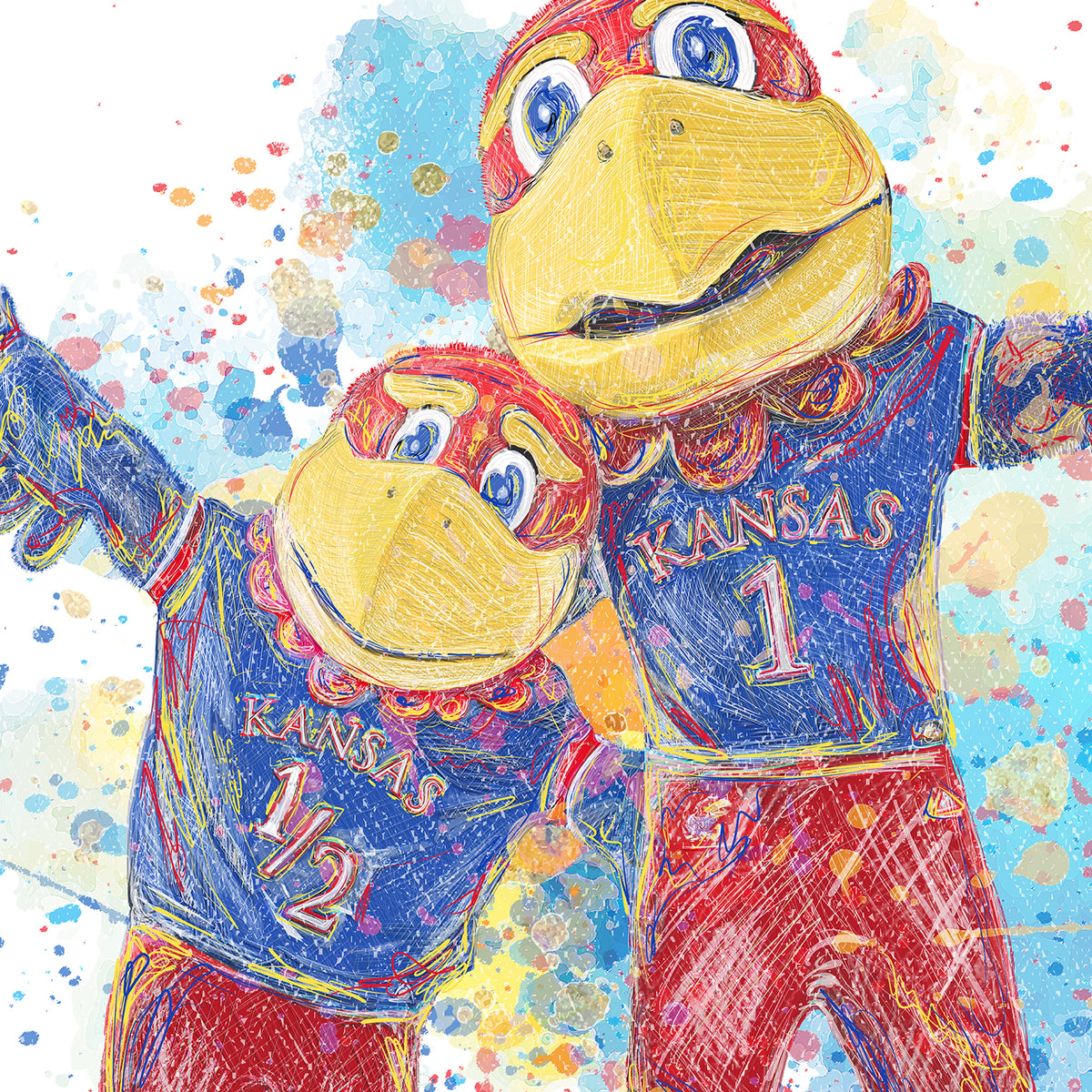 KU Jayhawk Welcoming Art: University of Kansas Big Jay and Baby Jay Splatter Canvas Print