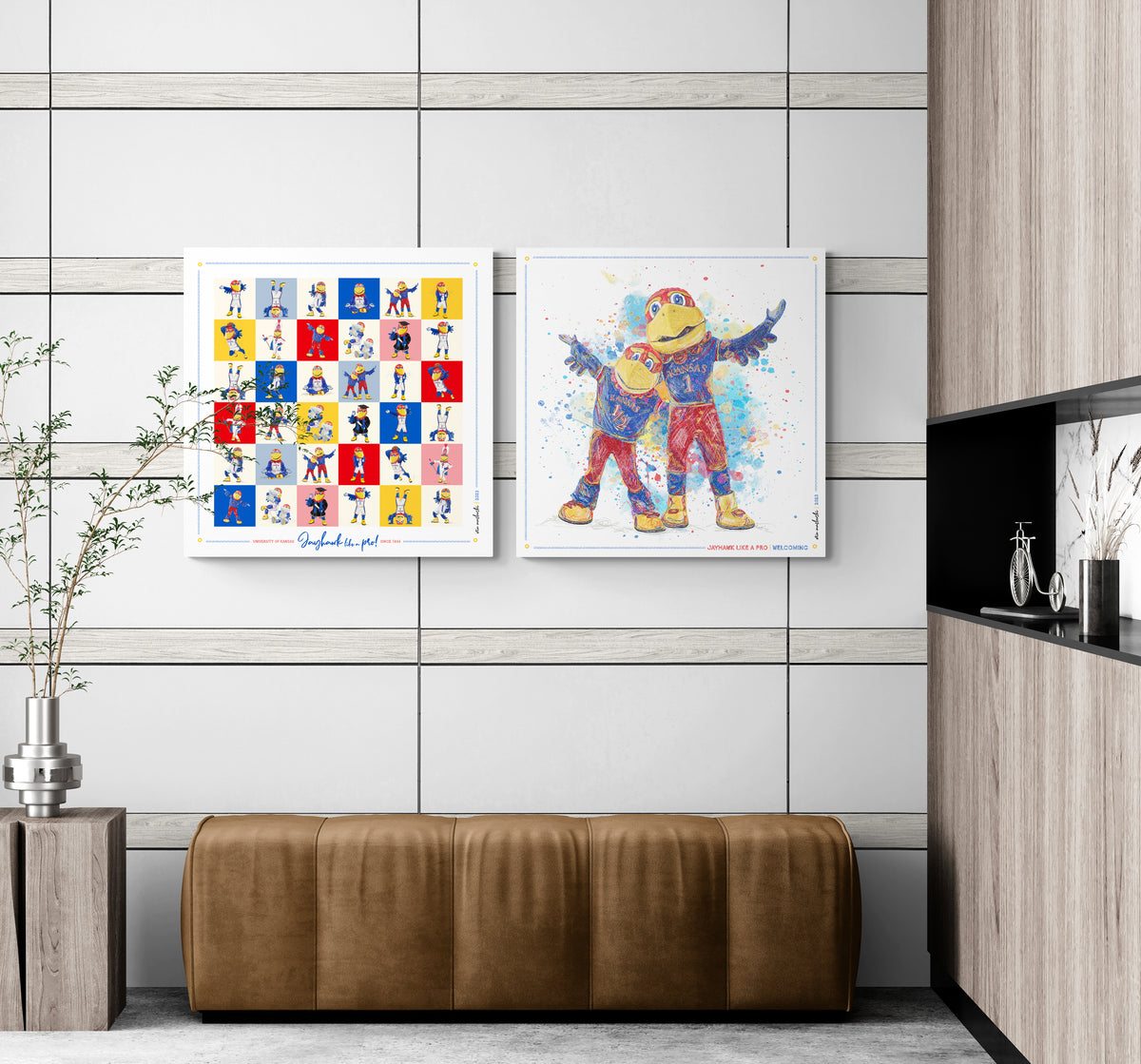 KU Jayhawk Welcoming Art: University of Kansas Big Jay and Baby Jay Splatter Canvas Print