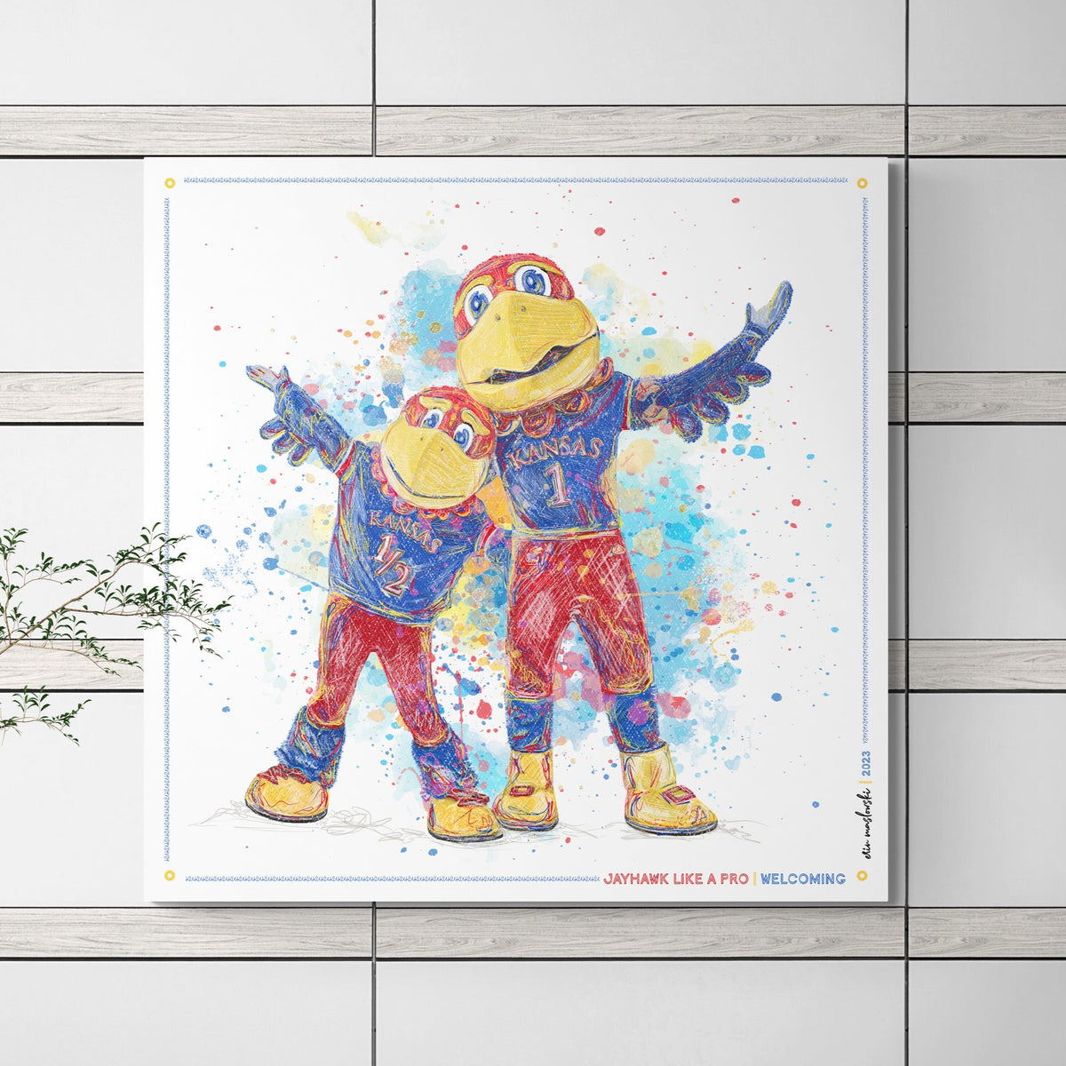 KU Jayhawk Welcoming Art: University of Kansas Big Jay and Baby Jay Splatter Canvas Print