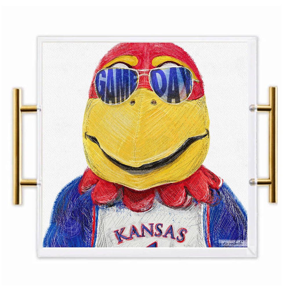 Kansas Jayhawk Acrylic Tray | Brushed Gold Handles | Double-Sided Art Print