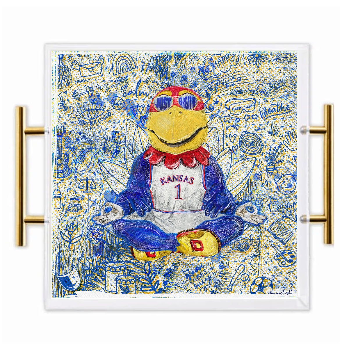 Kansas Jayhawk Acrylic Tray | Brushed Gold Handles | Double-Sided Art Print
