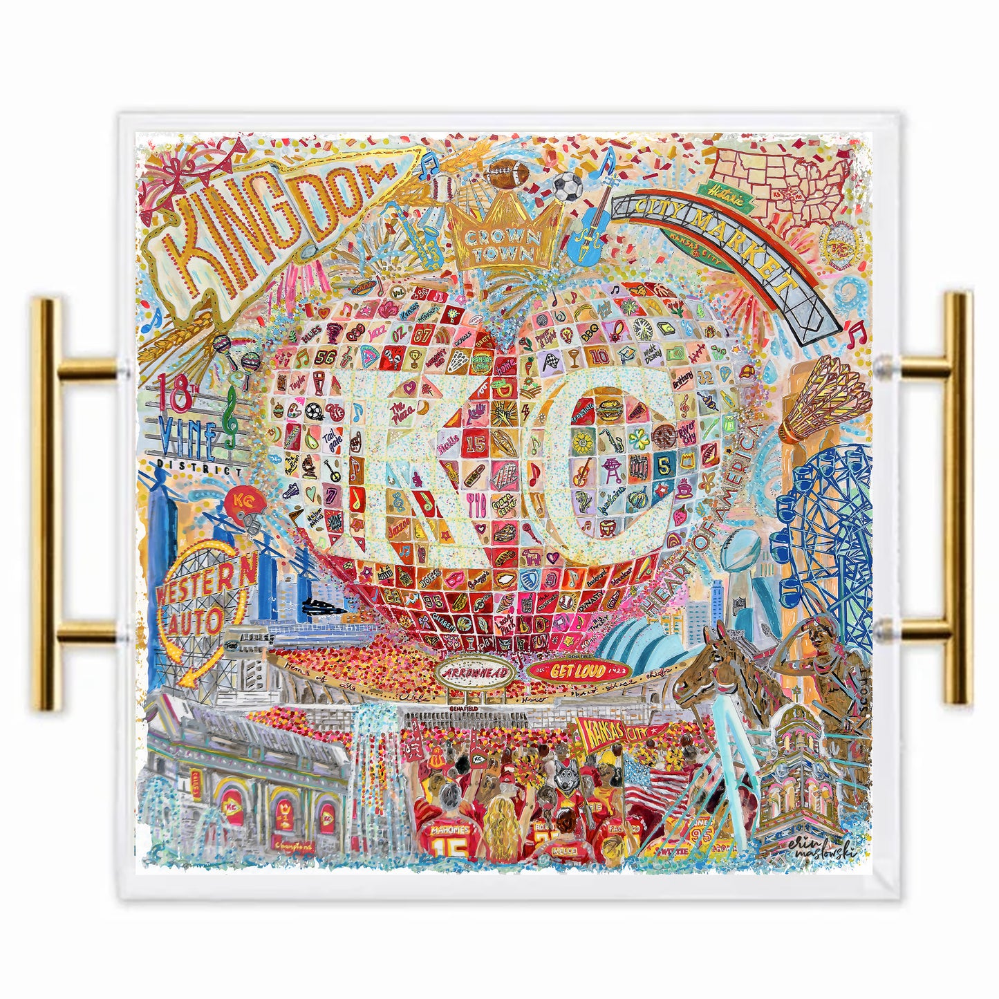Heart of Kansas City Acrylic Tray | Brushed Gold Handles | Double-Sided Art Print