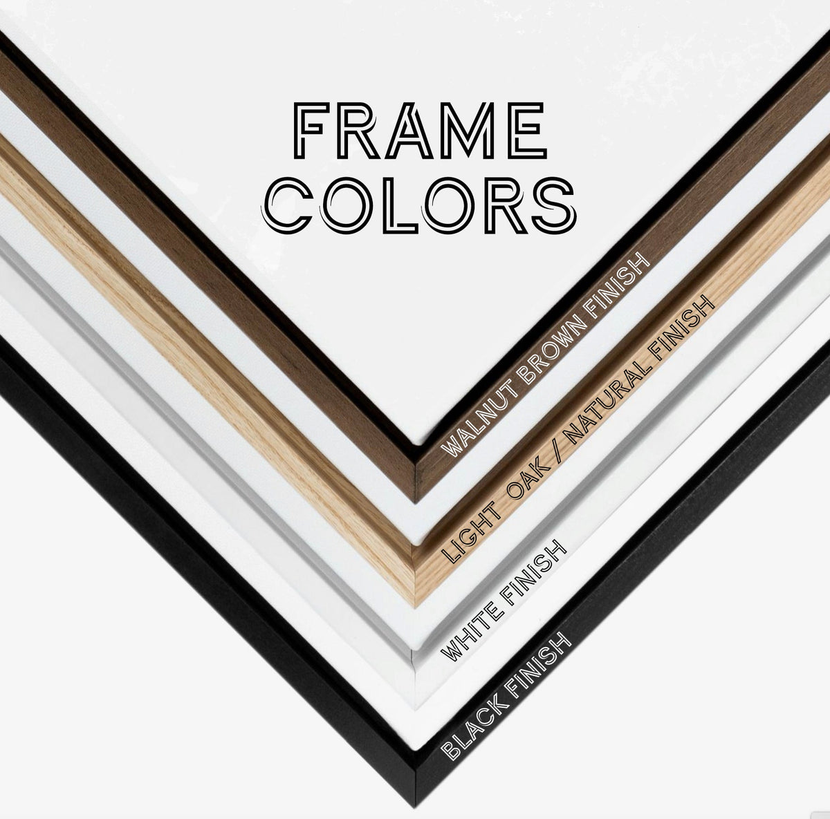 Frame colors guide: Walnut Brown, Light Oak Natural, White and Black finishes