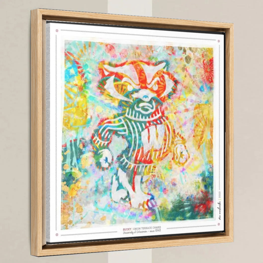 UW Bucky Badger Union Terrace Chairs Art: Wisconsin Canvas Print in a light oak float frame