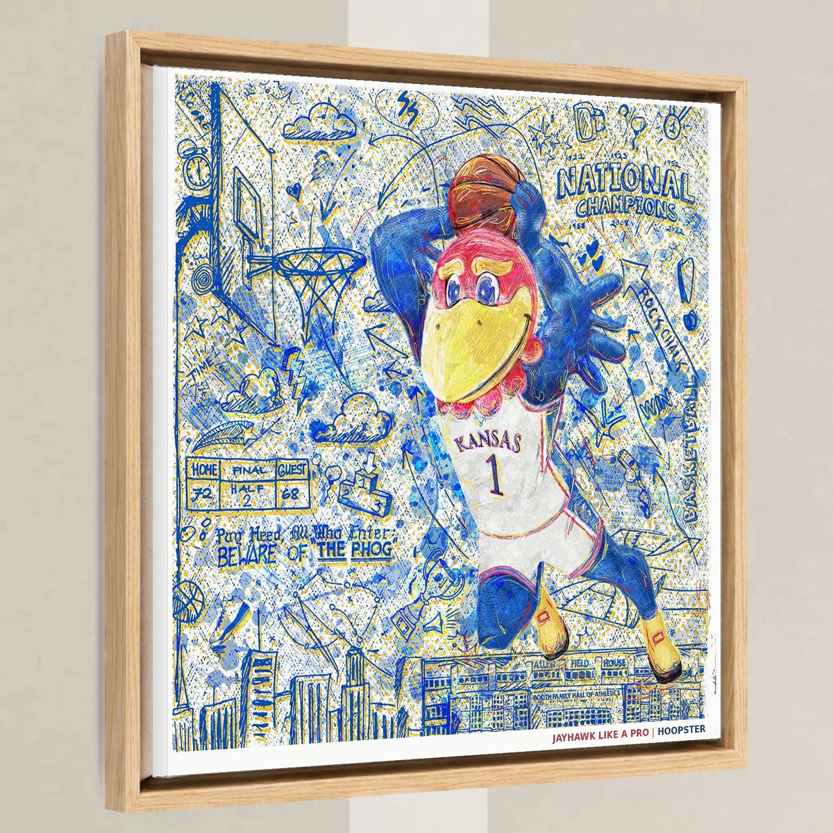 KU Jayhawk Hoopster Art: University of Kansas Basketball Sketches Canvas Print in a light oak float frame