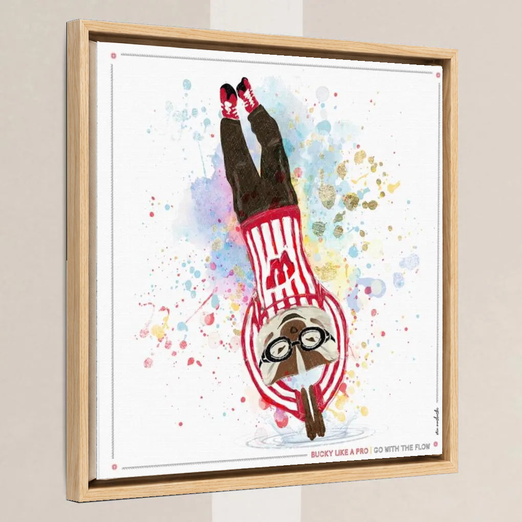 UW Bucky Badger Go with the Flow Art: Wisconsin Diving Canvas Print in a light oak float frame