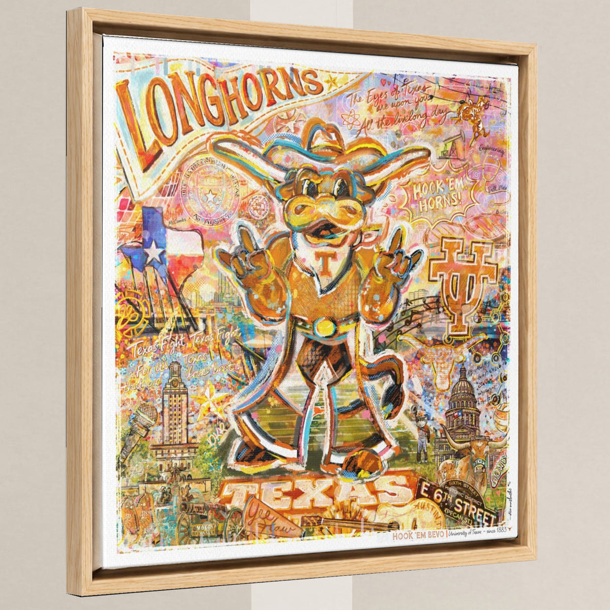 University of Texas at Austin Longhorns | UT | Hook ‘Em | Bevo in a light oak float frame
