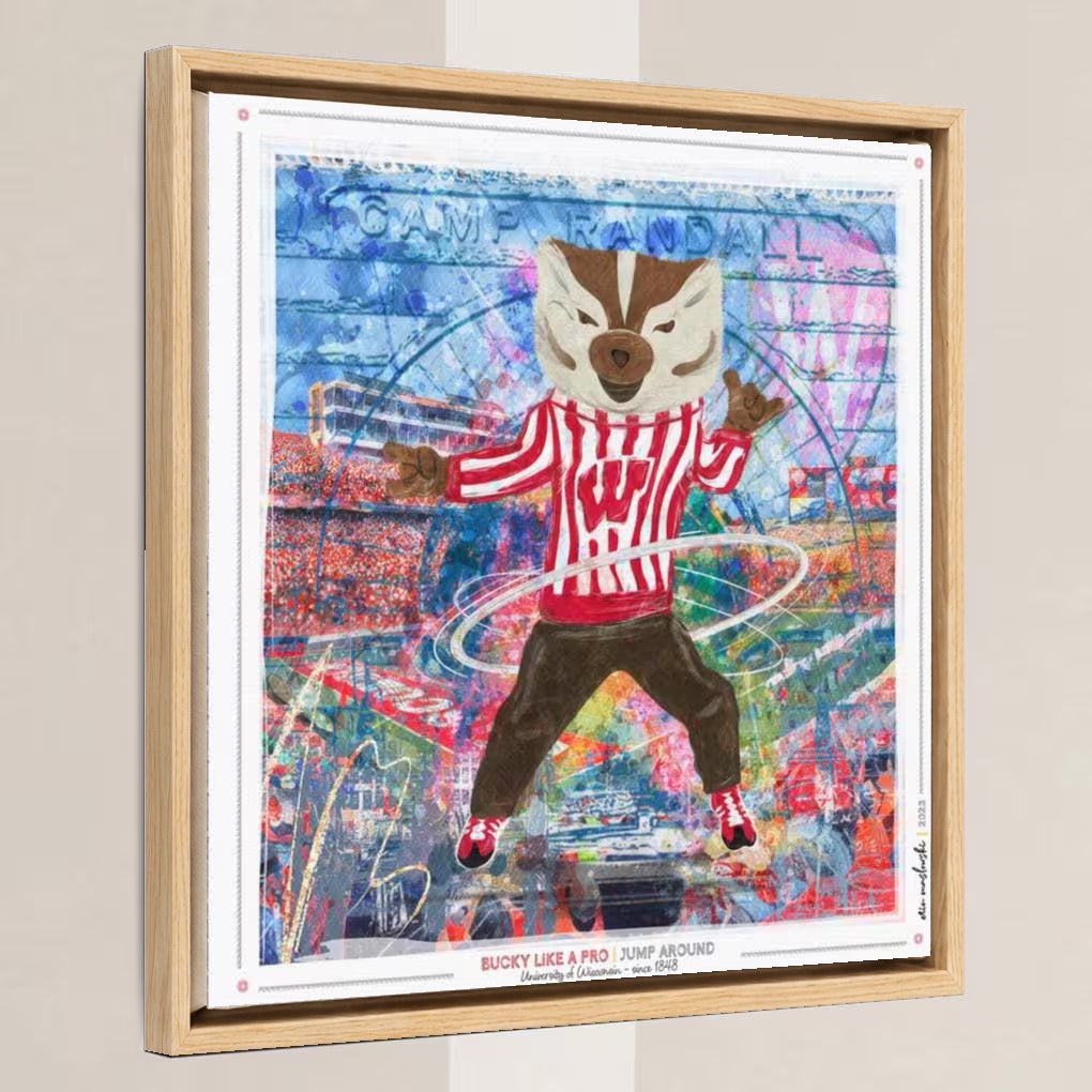 UW Bucky Badger Art: Camp Randall, Wisconsin Football Canvas Print in a light oak float frame